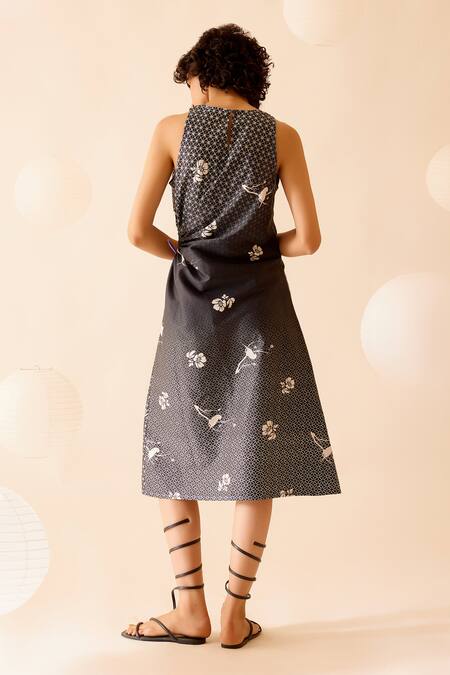 Buy Bunka Black Cotton Satin Embroidery Round Neck Pia Floral Pattern Midi Dress Buy_Bunka_Black Cotton Satin Embroidery Round Neck Pia Floral Pattern Midi Dress