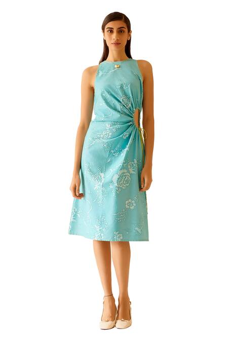 Bunka Blue Cotton Satin Embroidery Round Neck Pia Floral Pattern Side Cut-out Dress Online at Aza Fashions Bunka_Blue Cotton Satin Embroidery Round Neck Pia Floral Pattern Side Cut-out Dress _Online_at_Aza_Fashions