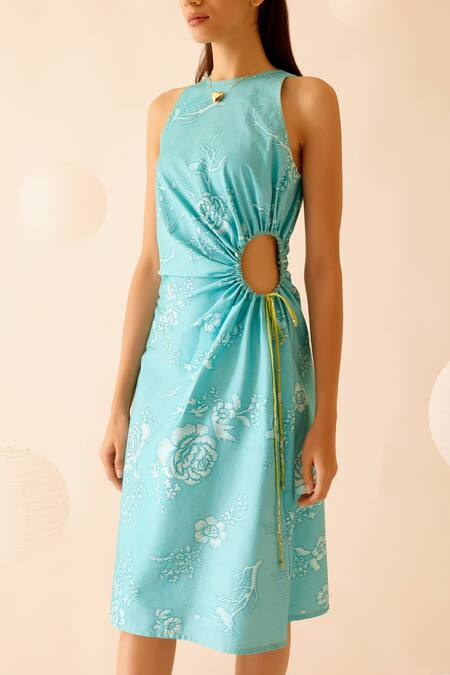 Buy Bunka Blue Cotton Satin Embroidery Round Neck Pia Floral Pattern Side Cut-out Dress Online at Aza Fashions Buy_Bunka_Blue Cotton Satin Embroidery Round Neck Pia Floral Pattern Side Cut-out Dress _Online_at_Aza_Fashions