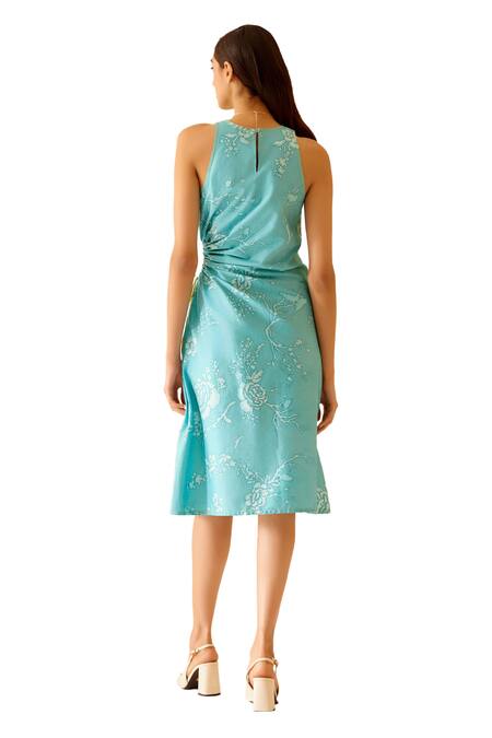 Buy Bunka Blue Cotton Satin Embroidery Round Neck Pia Floral Pattern Side Cut-out Dress Buy_Bunka_Blue Cotton Satin Embroidery Round Neck Pia Floral Pattern Side Cut-out Dress