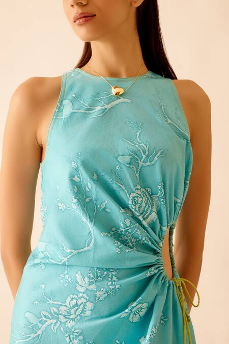 Shop Bunka Blue Cotton Satin Embroidery Round Neck Pia Floral Pattern Side Cut-out Dress Shop_Bunka_Blue Cotton Satin Embroidery Round Neck Pia Floral Pattern Side Cut-out Dress