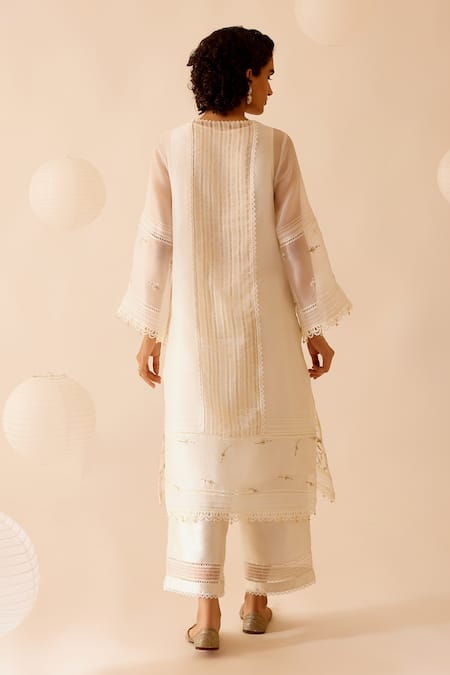 Shop Bunka Ivory Organza, Samya Floral Thread Embellished Straight Kurta Pant Set at Aza Fashions Shop_Bunka_Ivory Organza, Samya Floral Thread Embellished Straight Kurta Pant Set _at_Aza_Fashions