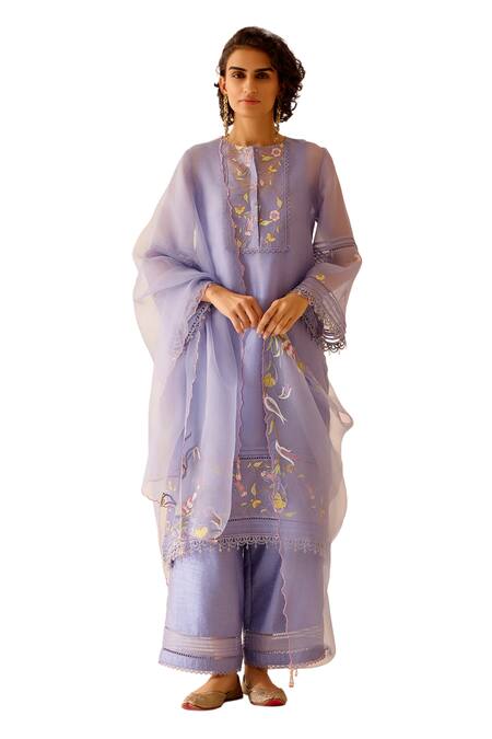 Bunka_Purple Organza, Samya Floral Thread Embellished Straight Kurta Set _Online_at_Aza_Fashions