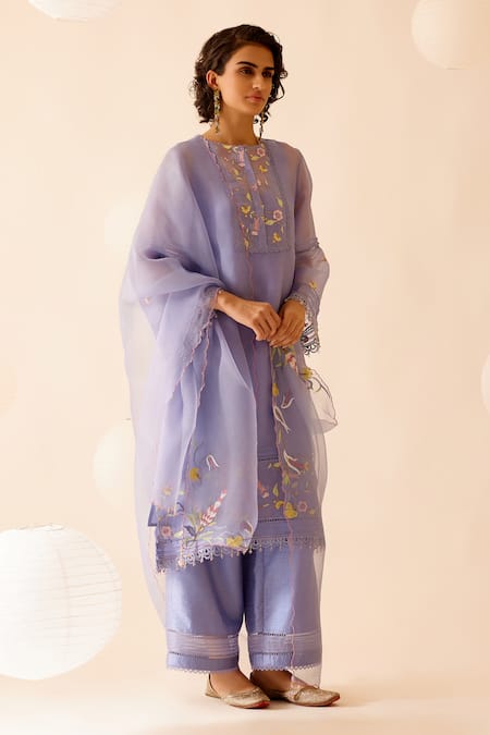 Buy_Bunka_Purple Organza, Samya Floral Thread Embellished Straight Kurta Set _Online_at_Aza_Fashions