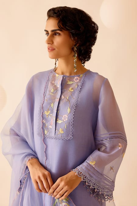Shop_Bunka_Purple Organza, Samya Floral Thread Embellished Straight Kurta Set _Online_at_Aza_Fashions