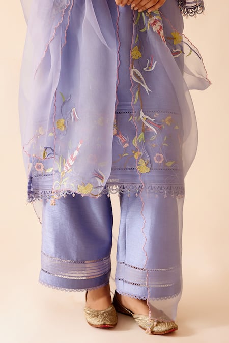Bunka_Purple Organza, Samya Floral Thread Embellished Straight Kurta Set _at_Aza_Fashions