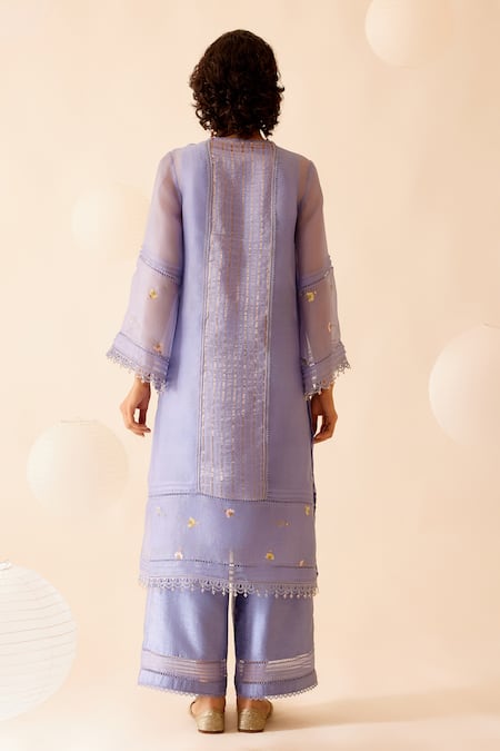 Shop_Bunka_Purple Organza, Samya Floral Thread Embellished Straight Kurta Set 