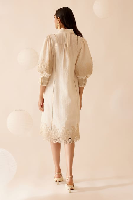 Shop Bunka Ivory Cotton Embroidery Round Neck Slava Floral Lace Embellished Dress at Aza Fashions Shop_Bunka_Ivory Cotton Embroidery Round Neck Slava Floral Lace Embellished Dress _at_Aza_Fashions