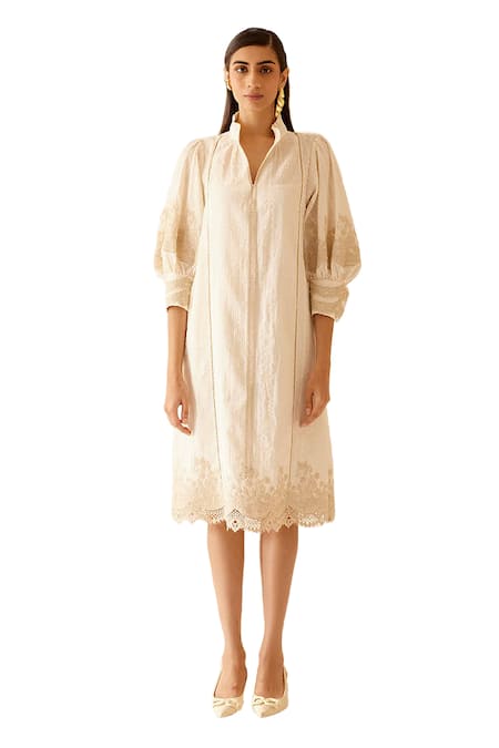 Bunka Ivory Cotton Embroidery Round Neck Slava Floral Lace Embellished Dress Online at Aza Fashions Bunka_Ivory Cotton Embroidery Round Neck Slava Floral Lace Embellished Dress _Online_at_Aza_Fashions