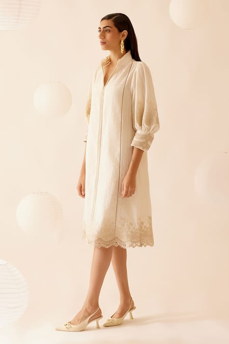 Buy Bunka Ivory Cotton Embroidery Round Neck Slava Floral Lace Embellished Dress Online at Aza Fashions Buy_Bunka_Ivory Cotton Embroidery Round Neck Slava Floral Lace Embellished Dress _Online_at_Aza_Fashions
