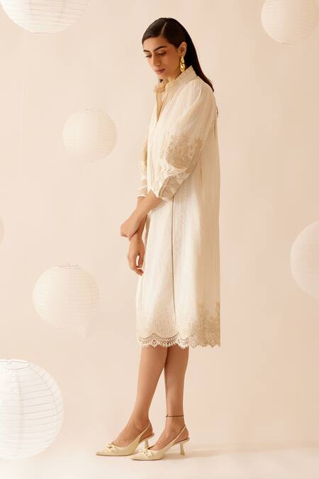 Shop Bunka Ivory Cotton Embroidery Round Neck Slava Floral Lace Embellished Dress Online at Aza Fashions Shop_Bunka_Ivory Cotton Embroidery Round Neck Slava Floral Lace Embellished Dress _Online_at_Aza_Fashions