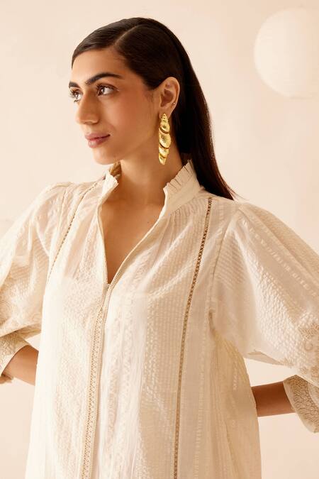 Bunka Ivory Cotton Embroidery Round Neck Slava Floral Lace Embellished Dress at Aza Fashions Bunka_Ivory Cotton Embroidery Round Neck Slava Floral Lace Embellished Dress _at_Aza_Fashions