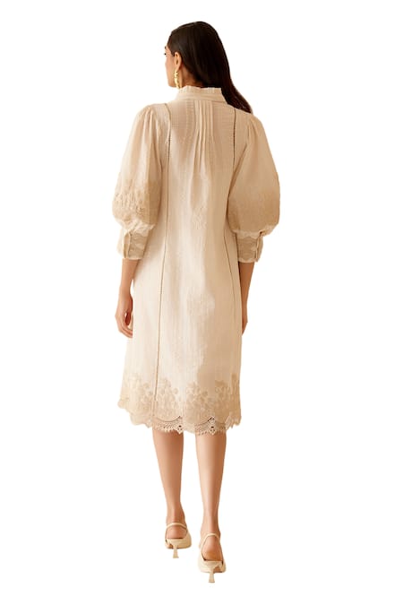 Buy Bunka Ivory Cotton Embroidery Round Neck Slava Floral Lace Embellished Dress Buy_Bunka_Ivory Cotton Embroidery Round Neck Slava Floral Lace Embellished Dress