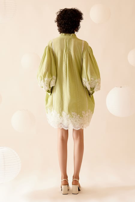 Shop Bunka Green Cotton Lace Round Neck Slava Floral Embellished Midi Dress at Aza Fashions Shop_Bunka_Green Cotton Lace Round Neck Slava Floral Embellished Midi Dress _at_Aza_Fashions