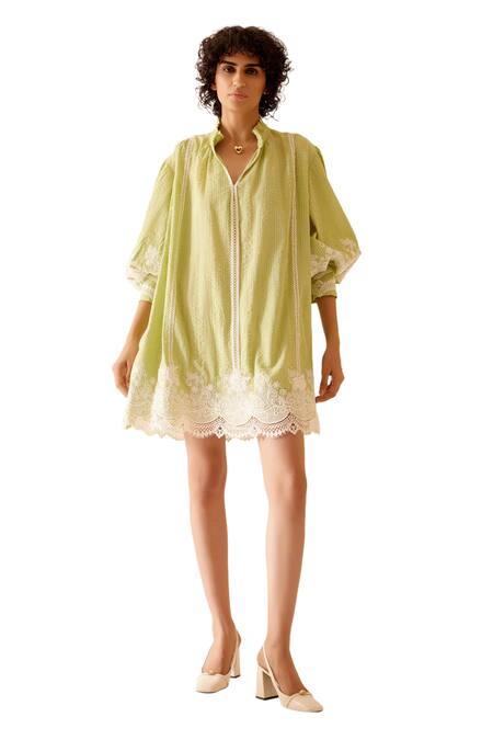 Bunka Green Cotton Lace Round Neck Slava Floral Embellished Midi Dress Online at Aza Fashions Bunka_Green Cotton Lace Round Neck Slava Floral Embellished Midi Dress _Online_at_Aza_Fashions