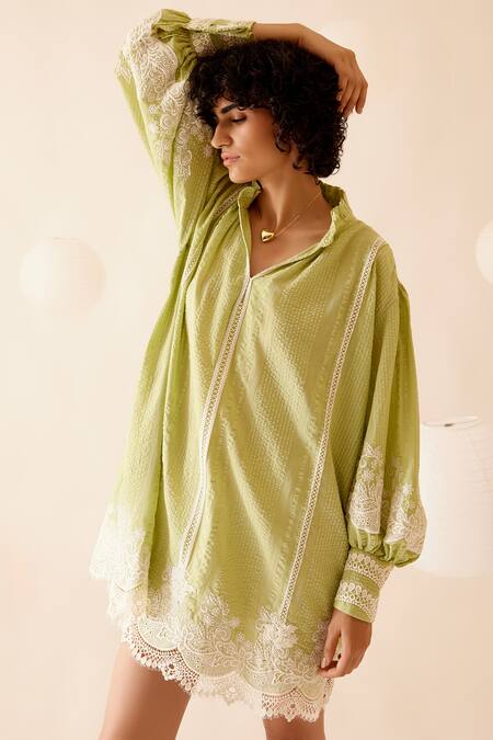 Shop Bunka Green Cotton Lace Round Neck Slava Floral Embellished Midi Dress Online at Aza Fashions Shop_Bunka_Green Cotton Lace Round Neck Slava Floral Embellished Midi Dress _Online_at_Aza_Fashions