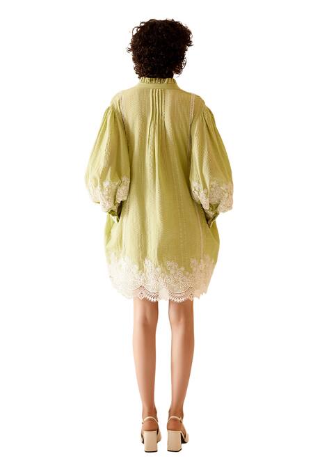 Bunka Green Cotton Lace Round Neck Slava Floral Embellished Midi Dress at Aza Fashions Bunka_Green Cotton Lace Round Neck Slava Floral Embellished Midi Dress _at_Aza_Fashions