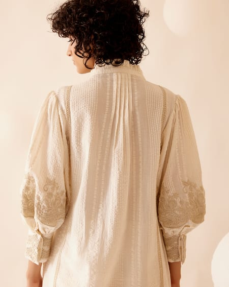 Shop Bunka Ivory 100% Cotton Embellished Floral Lace Ruffle Slava Tunic Shop_Bunka_Ivory 100% Cotton Embellished Floral Lace Ruffle Slava Tunic