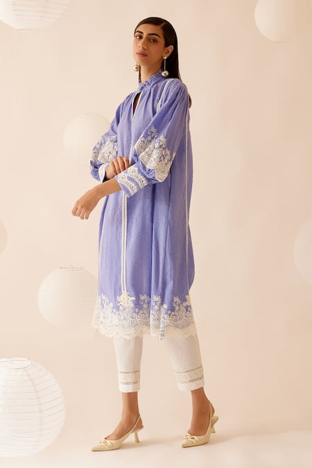 Shop Bunka Purple Cotton Embroidery Racerback Floral Lace Embellished Dress at Aza Fashions Shop_Bunka_Purple Cotton Embroidery Racerback Floral Lace Embellished Dress _at_Aza_Fashions