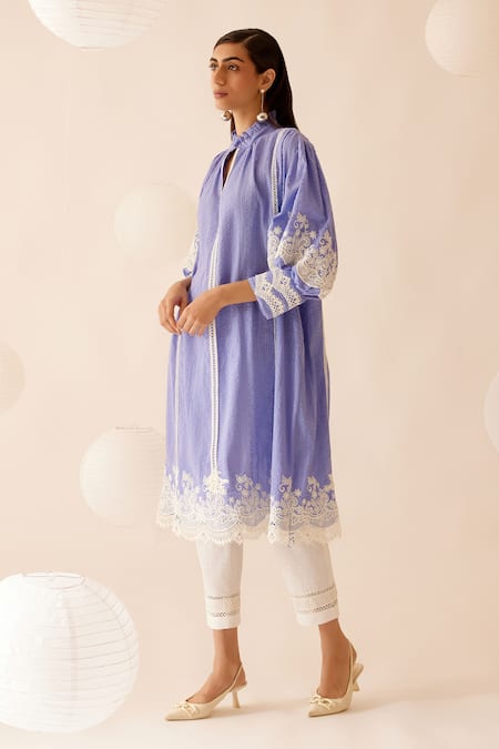 Buy Bunka Purple Cotton Embroidery Racerback Floral Lace Embellished Dress Online at Aza Fashions Buy_Bunka_Purple Cotton Embroidery Racerback Floral Lace Embellished Dress _Online_at_Aza_Fashions