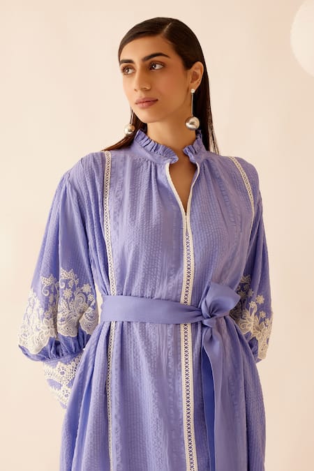 Shop Bunka Purple Cotton Embroidery Racerback Floral Lace Embellished Dress Online at Aza Fashions Shop_Bunka_Purple Cotton Embroidery Racerback Floral Lace Embellished Dress _Online_at_Aza_Fashions