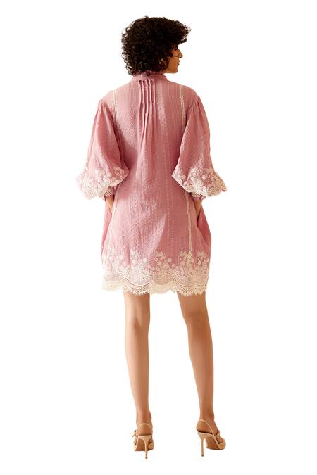 Shop_Bunka_Pink Cotton Embroidery Floral Lace Embellished Short Dress _at_Aza_Fashions