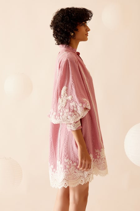 Bunka_Pink Cotton Embroidery Floral Lace Embellished Short Dress _Online_at_Aza_Fashions