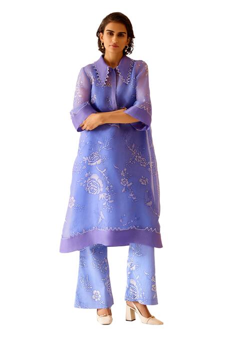 Buy Bunka Purple Silk Organza Embroidery Collared Tara Floral Kurta With Pant Online at Aza Fashions Buy_Bunka_Purple Silk Organza Embroidery Collared Tara Floral Kurta With Pant _Online_at_Aza_Fashions