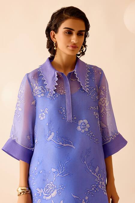 Shop Bunka Purple Silk Organza Embroidery Collared Tara Floral Kurta With Pant Online at Aza Fashions Shop_Bunka_Purple Silk Organza Embroidery Collared Tara Floral Kurta With Pant _Online_at_Aza_Fashions