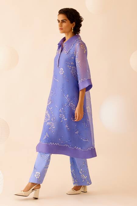 Bunka Purple Silk Organza Embroidery Collared Tara Floral Kurta With Pant at Aza Fashions Bunka_Purple Silk Organza Embroidery Collared Tara Floral Kurta With Pant _at_Aza_Fashions