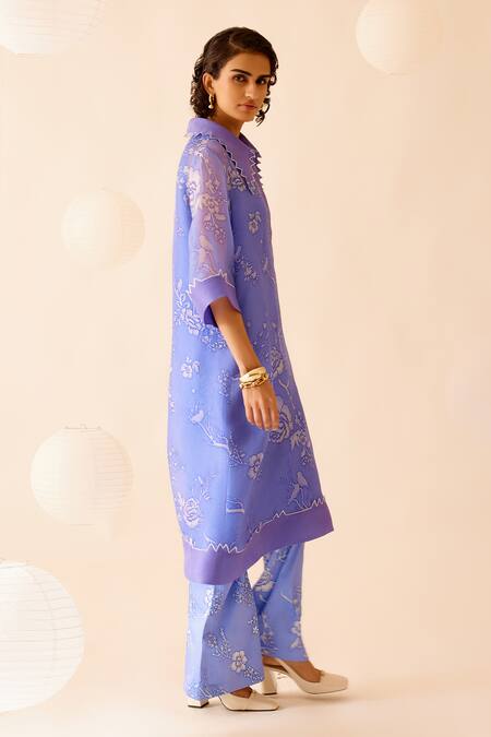 Shop Bunka Purple Silk Organza Embroidery Collared Tara Floral Kurta With Pant Shop_Bunka_Purple Silk Organza Embroidery Collared Tara Floral Kurta With Pant