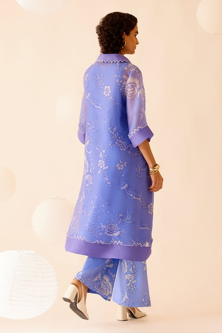 Shop Bunka Purple Silk Organza Embroidery Collared Tara Floral Kurta With Pant at Aza Fashions Shop_Bunka_Purple Silk Organza Embroidery Collared Tara Floral Kurta With Pant _at_Aza_Fashions