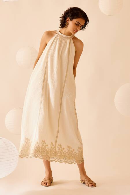 Bunka_Ivory 100% Cotton Lace Halter Zoya Embellished Midi Dress_Online_at_Aza_Fashions