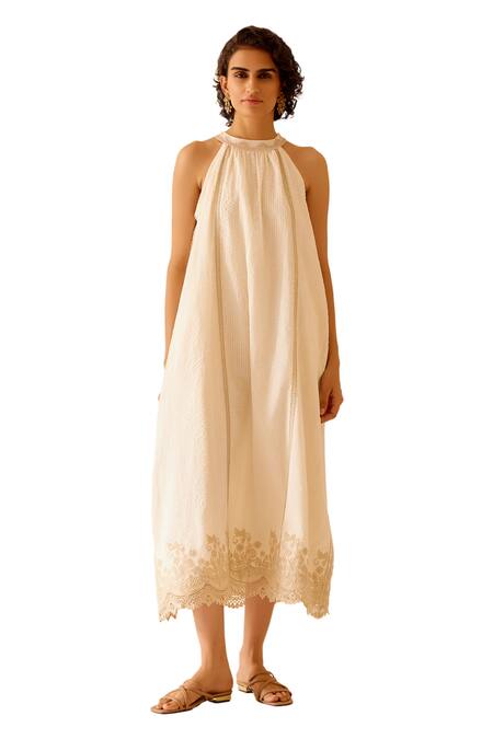 Buy_Bunka_Ivory 100% Cotton Lace Halter Zoya Embellished Midi Dress_Online_at_Aza_Fashions
