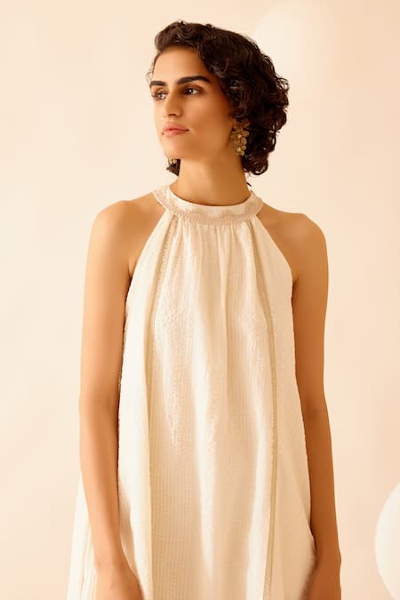 Shop_Bunka_Ivory 100% Cotton Lace Halter Zoya Embellished Midi Dress_Online_at_Aza_Fashions