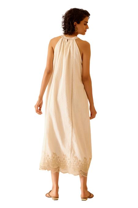 Bunka_Ivory 100% Cotton Lace Halter Zoya Embellished Midi Dress_at_Aza_Fashions