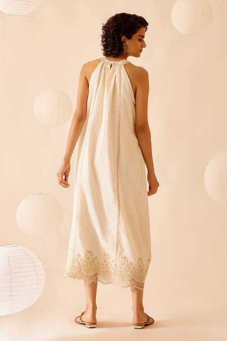 Buy_Bunka_Ivory 100% Cotton Lace Halter Zoya Embellished Midi Dress