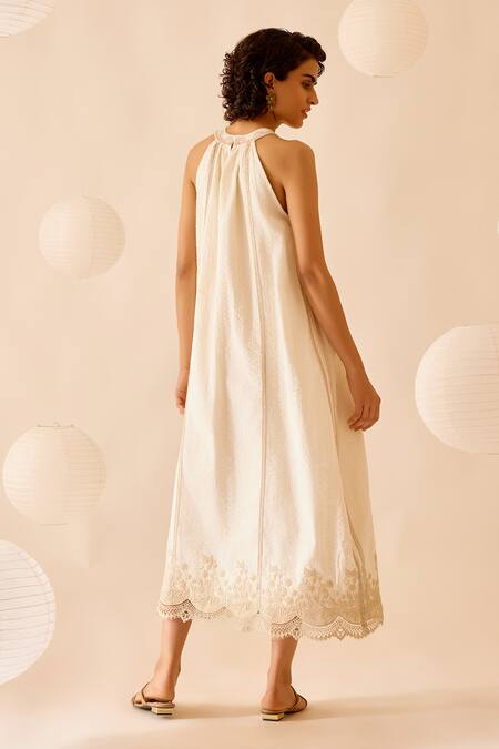 Shop_Bunka_Ivory 100% Cotton Lace Halter Zoya Embellished Midi Dress_at_Aza_Fashions