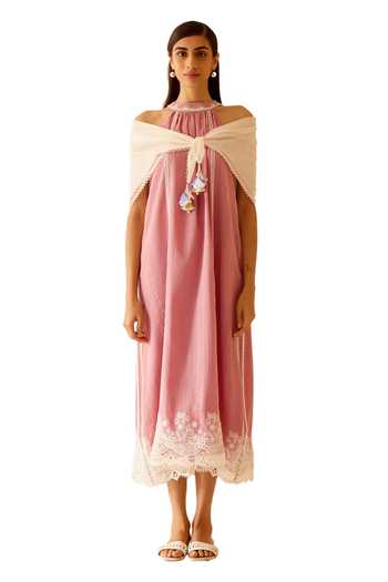 Bunka_Pink 100% Cotton Lace Halter Zoya Embellished Dress_Online_at_Aza_Fashions