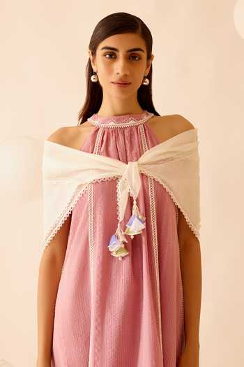 Buy_Bunka_Pink 100% Cotton Lace Halter Zoya Embellished Dress_Online_at_Aza_Fashions