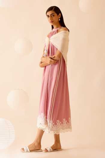 Shop_Bunka_Pink 100% Cotton Lace Halter Zoya Embellished Dress_Online_at_Aza_Fashions