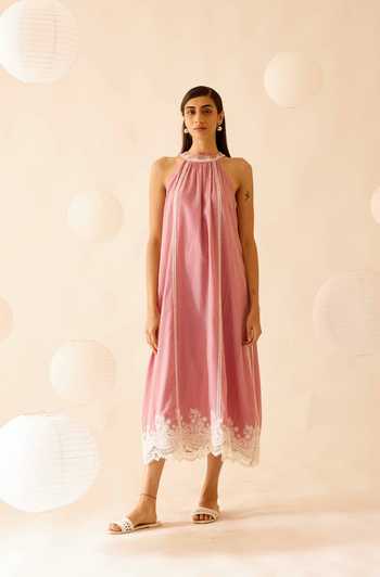 Buy_Bunka_Pink 100% Cotton Lace Halter Zoya Embellished Dress