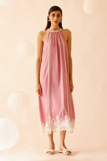 Shop_Bunka_Pink 100% Cotton Lace Halter Zoya Embellished Dress