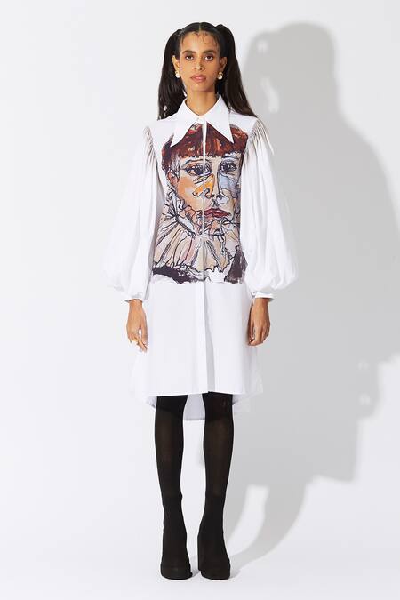 Quod_White Cotton Collared Figurine Print Ruff Dress_Online_at_Aza_Fashions