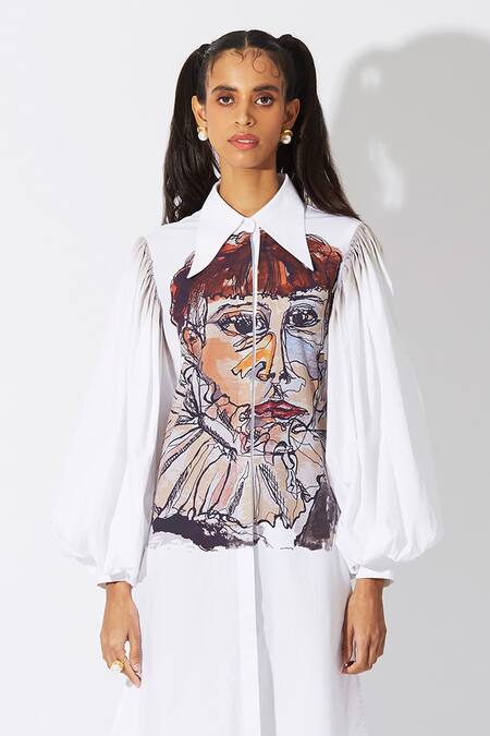 Buy_Quod_White Cotton Collared Figurine Print Ruff Dress_Online_at_Aza_Fashions