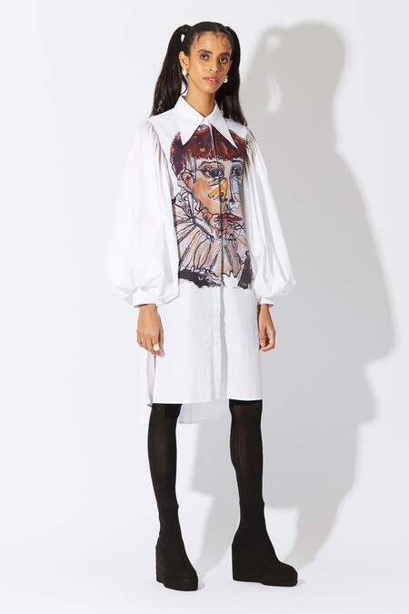 Shop_Quod_White Cotton Collared Figurine Print Ruff Dress_Online_at_Aza_Fashions