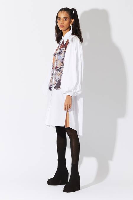 Quod_White Cotton Collared Figurine Print Ruff Dress_at_Aza_Fashions