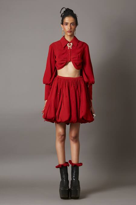 Quod_Red 100% Viscose Plain Solid Bubble Skirt_Online_at_Aza_Fashions