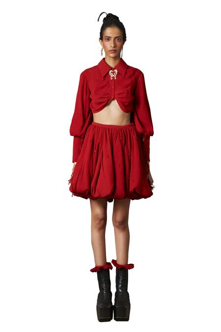 Buy_Quod_Red 100% Viscose Plain Solid Bubble Skirt_Online_at_Aza_Fashions