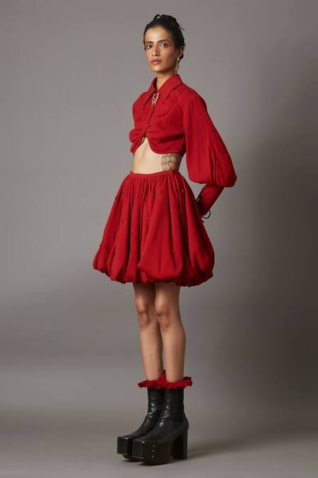 Shop_Quod_Red 100% Viscose Plain Solid Bubble Skirt_Online_at_Aza_Fashions